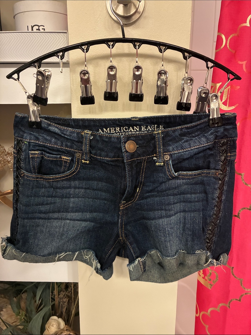 American Eagle Outfitters Dark Blue Braided-Side Denim Shorts